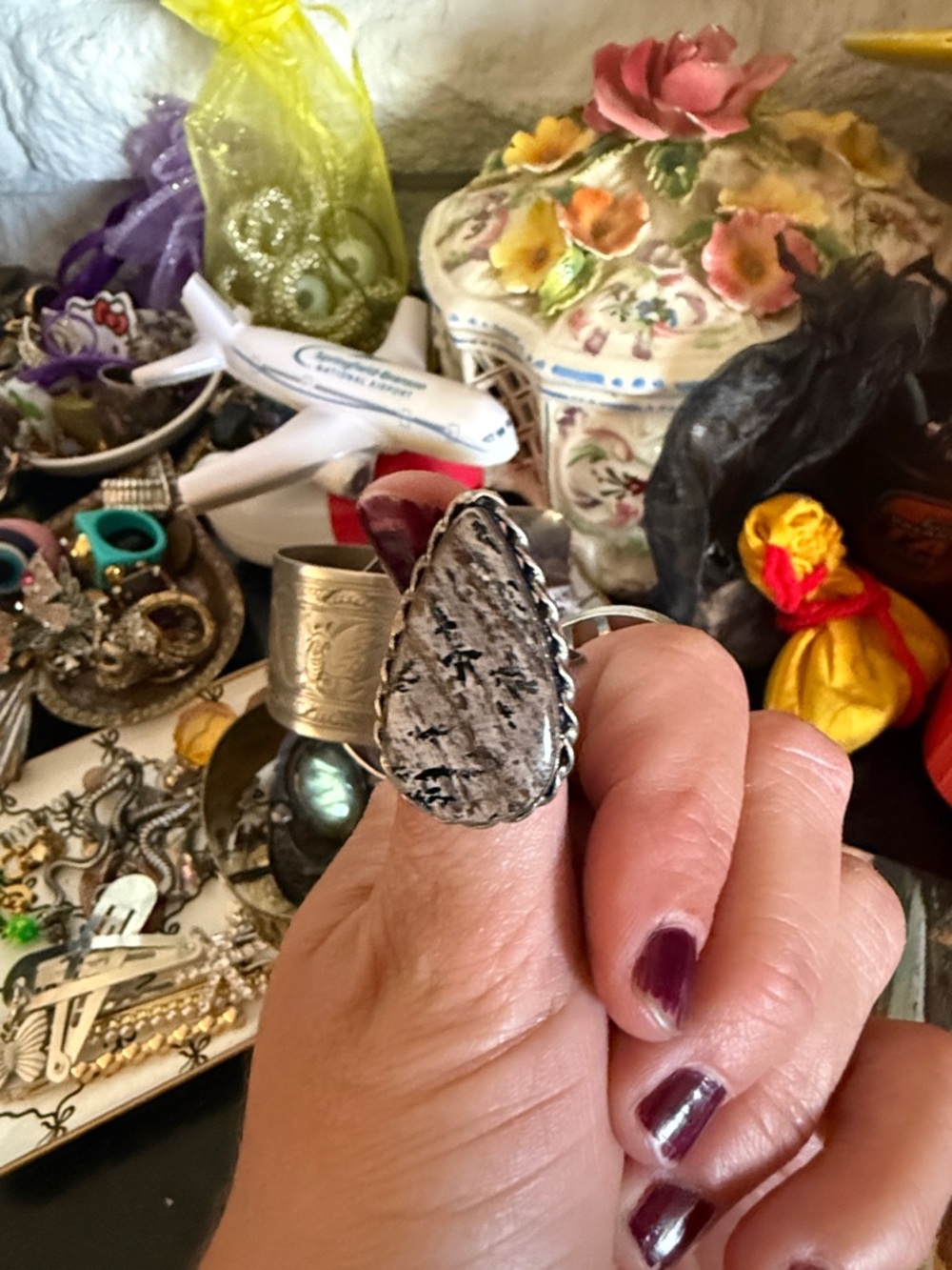 Teardrop Black and White Patterned Stone Sterling-Style Ring - Women's Jewelry